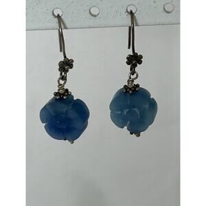Lovely Vtg Blue Sea Glass Flower Dangle Earrings